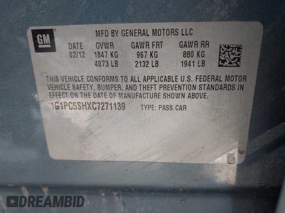 ✅ 2012 Chevrolet Cruze LS • VIN: 1G1PC5SHXC7271139 • Lot: 41441993. Listed on IAAI with 140,440 mi. Free auction sales archive from the USA and detailed vehicle history report at DreamBid. Image 9.