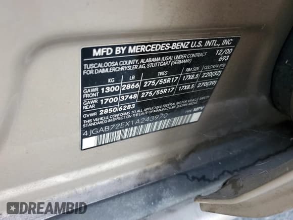 ✅ 2001 Mercedes-Benz M 320/430/500 • VIN: 4JGAB72EX1A243970 • Lot: 61308054. Listed on Copart with 133,461 mi. Free auction sales archive from the USA and detailed vehicle history report at DreamBid. Image 12.