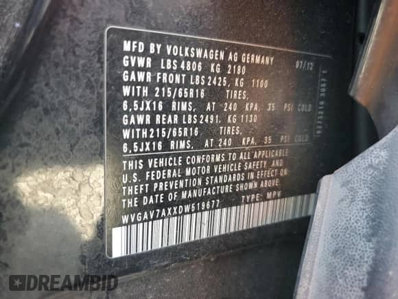 2013 Volkswagen Tiguan SE с VIN WVGAV7AXXDW519677, выставлен на аукционе Copart как лот 72686304 с пробегом Не указан миль и Списание • Salvage title. История ставок и продаж доступна на DreamBid. Изображение 12.