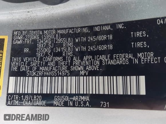 ✅ 2017 Toyota Highlander XLE • VIN: 5TDKZRFH4HS514975 • Lot: 43616437. Listed on IAAI with 87,331 mi. Free auction sales archive from the USA and detailed vehicle history report at DreamBid. Image 9.