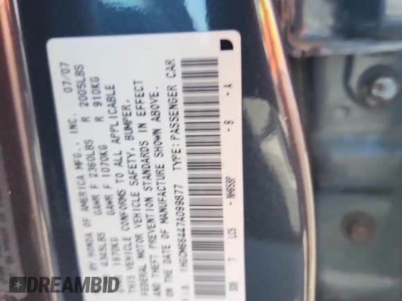 ✅ 2007 Honda Accord LX SE • VIN: 1HGCM66447A099877 • Lot: 69209495. Listed on Copart with 128,300 mi. Free auction sales archive from the USA and detailed vehicle history report at DreamBid. Image 12.