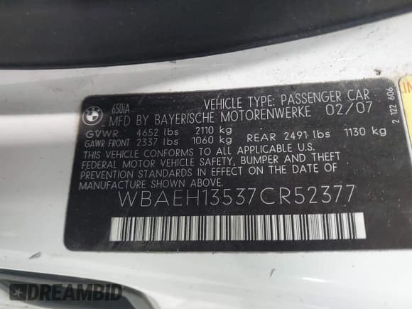 ✅ 2007 BMW 6 Series 650i • VIN: WBAEH13537CR52377 • Lot: 42156266. Wystawiony na IAAI z przebiegiem 139 475 mil. Bezpłatny archiwum sprzedaży aukcyjnych z USA i szczegółowy raport historii pojazdu na DreamBid. Zdjęcie 9.