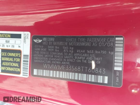 ✅ 2008 MINI Hardtop • VIN: WMWMF33568TT60843 • Lot: 41948286. Listed on IAAI with Not provided. Free auction sales archive from the USA and detailed vehicle history report at DreamBid. Image 9.