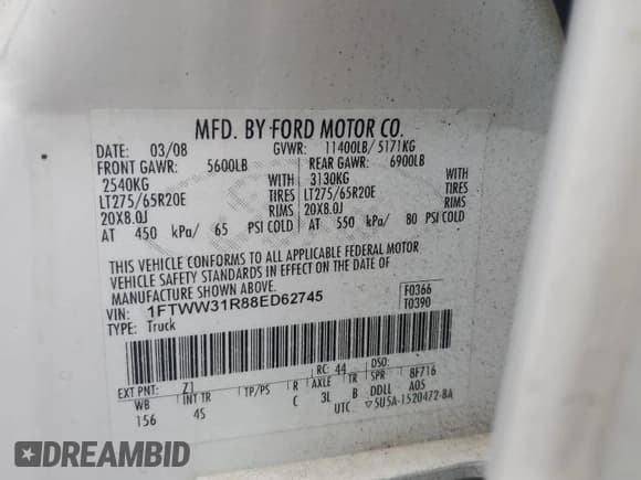 ✅ 2008 Ford F-350 XL • VIN: 1FTWW31R88ED62745 • Lot: 55471165. Listed on Copart with 138,204 mi. Free auction sales archive from the USA and detailed vehicle history report at DreamBid. Image 12.