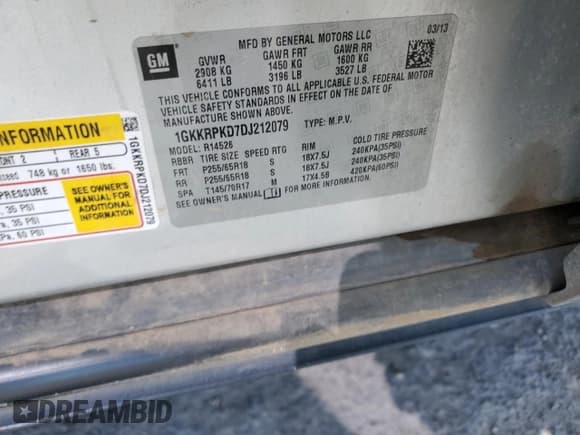 ✅ 2013 GMC Acadia SLE • VIN: 1GKKRPKD7DJ212079 • Лот: 72075665. Опубликован ранее на Copart с пробегом Не указан. Бесплатный доступ к архиву аукционных продаж из США и подробный отчёт об истории автомобиля на DreamBid. Изображение 13.
