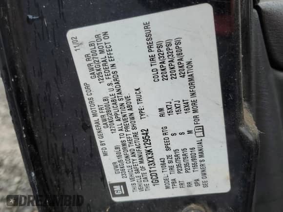 2003 Chevrolet S-10 LS z VIN 1GCDT13XX3K129542, wystawiony jako Copart lot #78091334 z przebiegiem 180 698 mil mil oraz Czysty tytuł • Clean title. Historia ofert i sprzedaży dostępna na DreamBid. Obrazek 12.