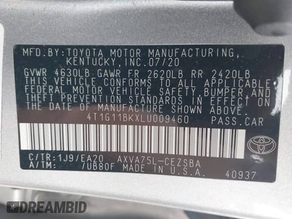 2020 Toyota Camry SE with VIN 4T1G11BKXLU009460, listed as a IAAI auction lot 42907075 with 43,495 mi miles and . Bid and sale history available at DreamBid. Image 9.