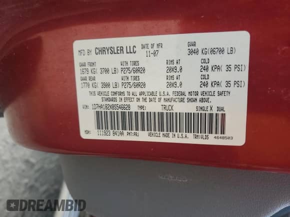 2008 Dodge 1500 SLT с VIN 1D7HA182X8S546628, выставлен на аукционе Copart как лот 68538314 с пробегом 185 643 миль миль и Списание • Salvage title. История ставок и продаж доступна на DreamBid. Изображение 12.