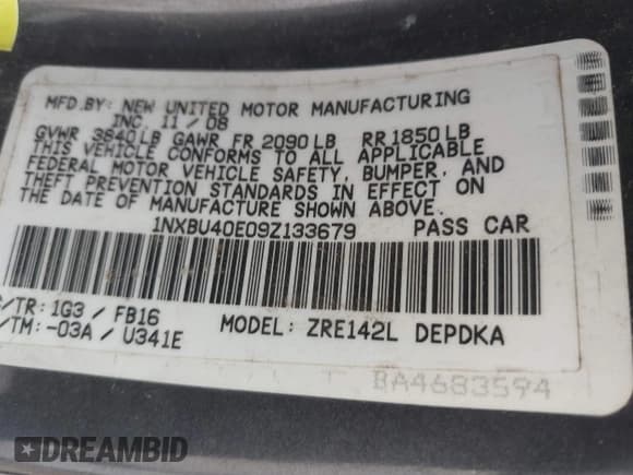 ✅ 2009 Toyota Corolla • VIN: 1NXBU40E09Z133679 • Lot: 43335800. Wystawiony na IAAI z przebiegiem 224 036 mil. Bezpłatny archiwum sprzedaży aukcyjnych z USA i szczegółowy raport historii pojazdu na DreamBid. Zdjęcie 9.