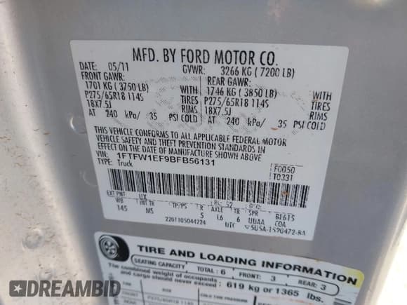 ✅ 2011 Ford F-150 XLT • VIN: 1FTFW1EF9BFB56131 • Lot: 43915963. Listed on IAAI with 166,698 mi. Free auction sales archive from the USA and detailed vehicle history report at DreamBid. Image 9.