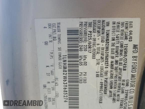 ✅ 2003 Lincoln Town Car Signature • VIN: 1LNHM82W63Y685274 • Lot: 86516195. Listed on Copart with Not provided. Free auction sales archive from the USA and detailed vehicle history report at DreamBid. Image 12.