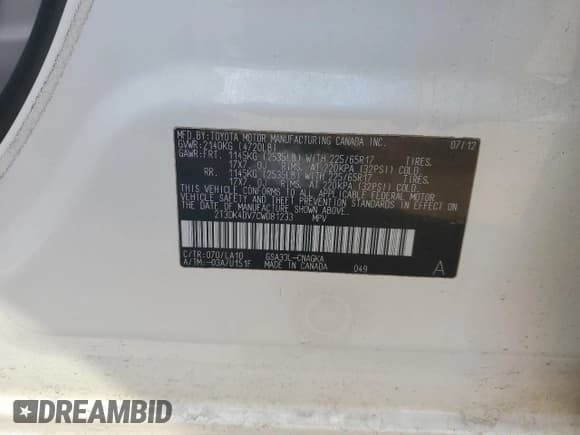 ✅ 2012 Toyota RAV4 Limited • VIN: 2T3DK4DV7CW081233 • Lot: 50611895. Listed on Copart with 72,772 mi. Free auction sales archive from the USA and detailed vehicle history report at DreamBid. Image 15.