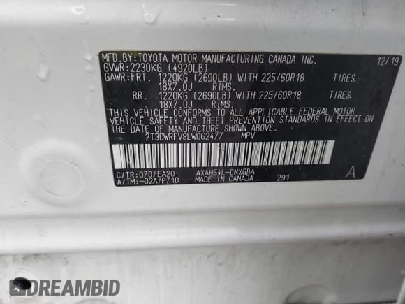 ✅ 2020 Toyota RAV4 Hybrid Limited • VIN: 2T3DWRFV8LW062477 • Lot: 43540759. Listed on IAAI with Not provided. Free auction sales archive from the USA and detailed vehicle history report at DreamBid. Image 9.