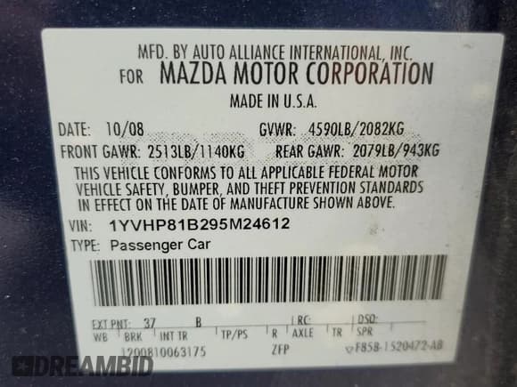 ✅ 2009 Mazda 6 S Sport • VIN: 1YVHP81B295M24612 • Lot: 57629145. Wystawiony na Copart z przebiegiem 99 235 mil. Bezpłatny archiwum sprzedaży aukcyjnych z USA i szczegółowy raport historii pojazdu na DreamBid. Zdjęcie 12.