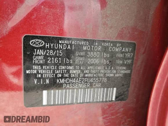 ✅ 2015 Hyundai Elantra Limited • VIN: KMHDH4AE2FU455778 • Lot: 68326985. Listed on Copart with 115,470 mi. Free auction sales archive from the USA and detailed vehicle history report at DreamBid. Image 12.