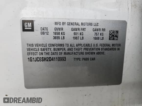 2013 Chevrolet Sonic LT с VIN 1G1JC6SH2D4110993, выставлен на аукционе Copart как лот 84048835 с пробегом 117 719 миль миль и Списание • Salvage title. История ставок и продаж доступна на DreamBid. Изображение 12.