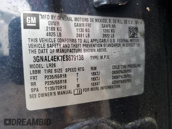 2014 Chevrolet Captiva Sport LTZ с VIN 3GNAL4EK7ES679138, выставлен на аукционе Copart как лот 84411494 с пробегом 96 824 миль миль и Чистый • Clean title. История ставок и продаж доступна на DreamBid. Изображение 13.