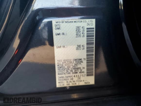 ✅ 2015 Nissan Altima SL • VIN: 1N4BL3AP4FC431757 • Lot: 93662775. Listed on Copart with 93,225 mi. Free auction sales archive from the USA and detailed vehicle history report at DreamBid. Image 12.