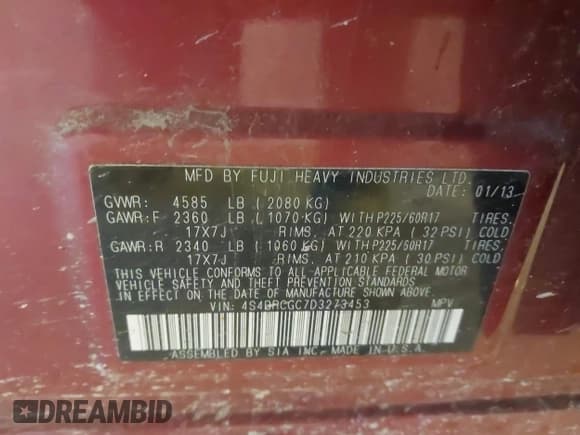 ✅ 2013 Subaru Outback Premium • VIN: 4S4BRCGC7D3273453 • Lot: 43649637. Listed on IAAI with Not provided. Free auction sales archive from the USA and detailed vehicle history report at DreamBid. Image 9.