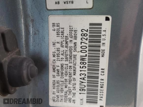 ✅ 1998 Acura CL Premium • VIN: 19UYA3158WL007282 • Lot: 81130634. Listed on Copart with 217,957 mi. Free auction sales archive from the USA and detailed vehicle history report at DreamBid. Image 14.