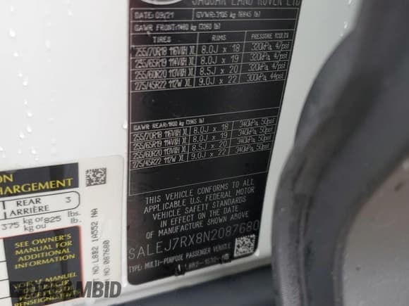 ✅ 2022 Land Rover Defender S • VIN: SALEJ7RX8N2087680 • Lot: 56124435. Wystawiony na Copart z przebiegiem 58 475 mil. Bezpłatny archiwum sprzedaży aukcyjnych z USA i szczegółowy raport historii pojazdu na DreamBid. Zdjęcie 12.