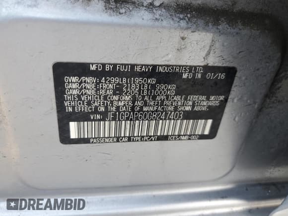 ✅ 2016 Subaru Impreza Special Sports Premium • VIN: JF1GPAP60G8247403 • Lot: 54539345. Listed on Copart with 115,718 mi. Free auction sales archive from the USA and detailed vehicle history report at DreamBid. Image 13.