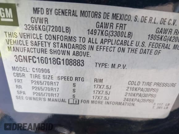 ✅ 2008 Chevrolet Suburban 3LT • VIN: 3GNFC16018G108883 • Lot: 42271973. Listed on IAAI with Not provided. Free auction sales archive from the USA and detailed vehicle history report at DreamBid. Image 9.
