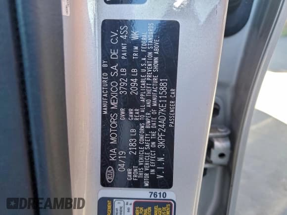 ✅ 2019 Kia Forte LXS • VIN: 3KPF24AD7KE115881 • Лот: 94191855. Опубликован ранее на Copart с пробегом 104 551 миль. Бесплатный доступ к архиву аукционных продаж из США и подробный отчёт об истории автомобиля на DreamBid. Изображение 12.