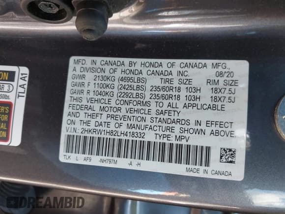 ✅ 2020 Honda CR-V EX-L • VIN: 2HKRW1H82LH418332 • Lot: 42304294. Listed on IAAI with Not provided. Free auction sales archive from the USA and detailed vehicle history report at DreamBid. Image 9.