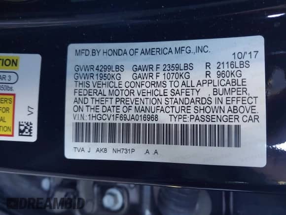 2018 Honda Accord EX-L с VIN 1HGCV1F69JA016968, выставлен на аукционе IAAI как лот 43483246 с пробегом 57 028 миль миль и . История ставок и продаж доступна на DreamBid. Изображение 9.