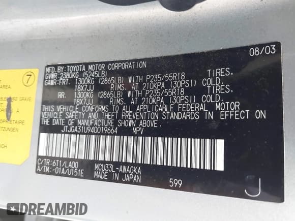 ✅ 2004 Lexus RX 330 • VIN: JTJGA31U940019664 • Лот: 43643666. Опубликован ранее на IAAI с пробегом 134 698 миль. Бесплатный доступ к архиву аукционных продаж из США и подробный отчёт об истории автомобиля на DreamBid. Изображение 9.