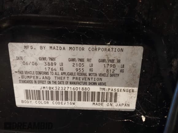 ✅ 2007 Mazda 3 S Touring • VIN: JM1BK323271601880 • Lot: 42905842. Listed on IAAI with 335,158 mi. Free auction sales archive from the USA and detailed vehicle history report at DreamBid. Image 9.