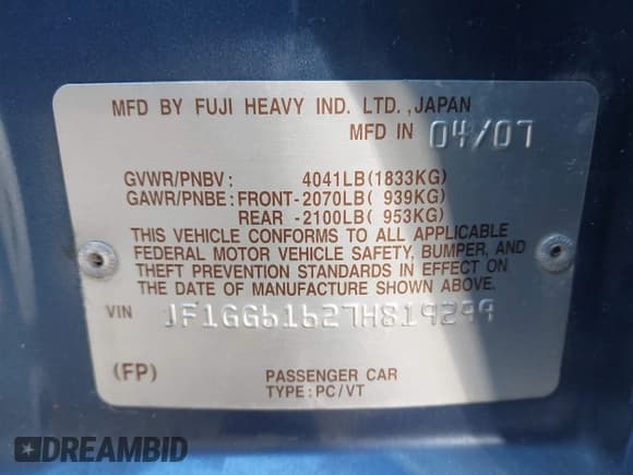 ✅ 2007 Subaru Impreza i • VIN: JF1GG61627H819299 • Lot: 43710640. Wystawiony na IAAI z przebiegiem 167 133 mil. Bezpłatny archiwum sprzedaży aukcyjnych z USA i szczegółowy raport historii pojazdu na DreamBid. Zdjęcie 9.