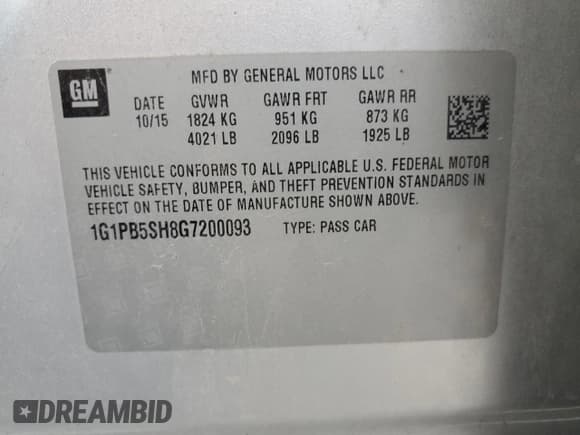 ✅ 2016 Chevrolet Cruze LS • VIN: 1G1PB5SH8G7200093 • Lot: 55232325. Listed on Copart with 133,495 mi. Free auction sales archive from the USA and detailed vehicle history report at DreamBid. Image 13.