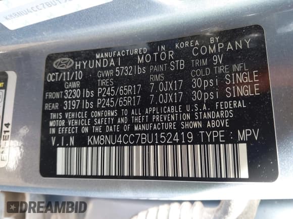 ✅ 2011 Hyundai Veracruz Limited • VIN: KM8NU4CC7BU152419 • Lot: 43799687. Listed on IAAI with 115,375 mi. Free auction sales archive from the USA and detailed vehicle history report at DreamBid. Image 9.