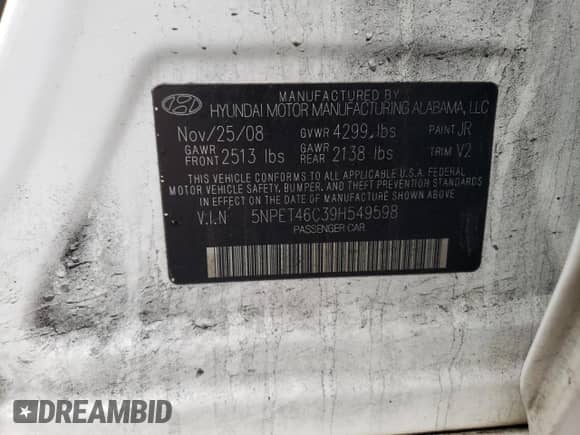 2009 Hyundai Sonata GLS z VIN 5NPET46C39H549598, wystawiony jako Copart lot #74276604 z przebiegiem 125 834 mil mil oraz Szkoda całkowita • Salvage title. Historia ofert i sprzedaży dostępna na DreamBid. Obrazek 14.