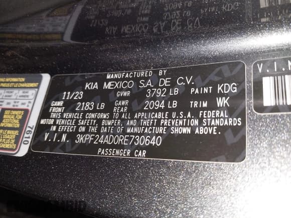 ✅ 2024 Kia Forte LXS • VIN: 3KPF24AD0RE730640 • Lot: 43505907. Listed on IAAI with 18,086 mi. Free auction sales archive from the USA and detailed vehicle history report at DreamBid. Image 9.