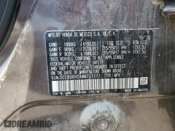 ✅ 2021 Honda HR-V EX • VIN: 3CZRU6H59MM707271 • Лот: 75621494. Опубликован ранее на Copart с пробегом 46 550 миль. Бесплатный доступ к архиву аукционных продаж из США и подробный отчёт об истории автомобиля на DreamBid. Изображение 15.