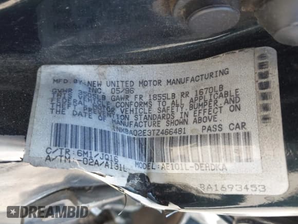 ✅ 1996 Toyota Corolla • VIN: 1NXBA02E3TZ466481 • Lot: 42814023. Listed on IAAI with 163,688 mi. Free auction sales archive from the USA and detailed vehicle history report at DreamBid. Image 9.