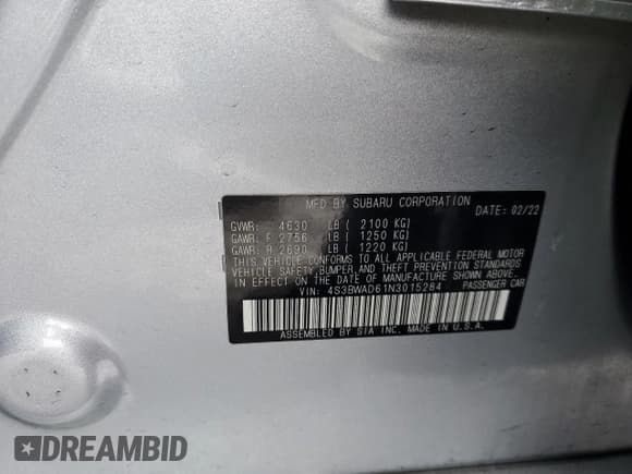 ✅ 2022 Subaru Legacy Premium • VIN: 4S3BWAD61N3015284 • Lot: 44944325. Listed on Copart with 26,485 mi. Free auction sales archive from the USA and detailed vehicle history report at DreamBid. Image 14.