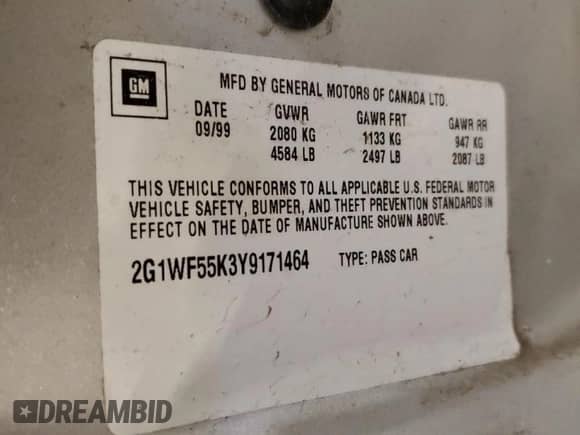 2000 Chevrolet Impala with VIN 2G1WF55K3Y9171464, listed as a Copart auction lot 54019295 with 67,553 mi miles and Salvage title. Bid and sale history available at DreamBid. Image 12.