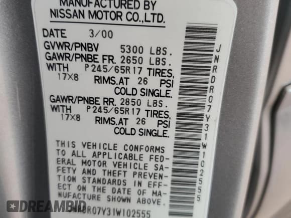 ✅ 2001 Infiniti QX4 Luxury • VIN: JNRDR07Y31W102555 • Lot: 90851425. Listed on Copart with 279,592 mi. Free auction sales archive from the USA and detailed vehicle history report at DreamBid. Image 14.