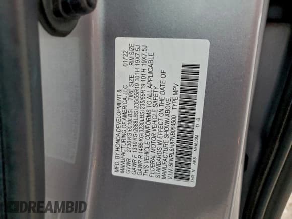 ✅ 2022 Honda Odyssey Touring • VIN: 5FNRL6H87NB054500 • Лот: 95748605. Опубликован ранее на Copart с пробегом 68 517 миль. Бесплатный доступ к архиву аукционных продаж из США и подробный отчёт об истории автомобиля на DreamBid. Изображение 14.