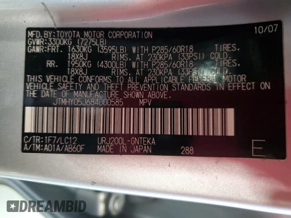 ✅ 2008 Toyota Land Cruiser • VIN: JTMHY05J684000585 • Lot: 72753584. Listed on Copart with 393,625 mi. Free auction sales archive from the USA and detailed vehicle history report at DreamBid. Image 13.