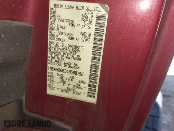 ✅ 2004 Nissan Titan SE • VIN: 1N6AA06B34N568758 • Lot: 43677118. Wystawiony na IAAI z przebiegiem 311 799 mil. Bezpłatny archiwum sprzedaży aukcyjnych z USA i szczegółowy raport historii pojazdu na DreamBid. Zdjęcie 9.
