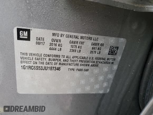 ✅ 2018 Chevrolet Volt LT • VIN: 1G1RC6S53JU107346 • Lot: 39971354. Wystawiony na Copart z przebiegiem 34 422 mil. Bezpłatny archiwum sprzedaży aukcyjnych z USA i szczegółowy raport historii pojazdu na DreamBid. Zdjęcie 12.