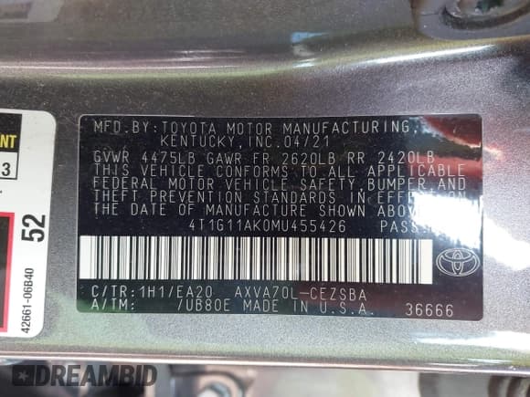 ✅ 2021 Toyota Camry SE • VIN: 4T1G11AK0MU455426 • Lot: 43557223. Listed on IAAI with 77,752 mi. Free auction sales archive from the USA and detailed vehicle history report at DreamBid. Image 9.