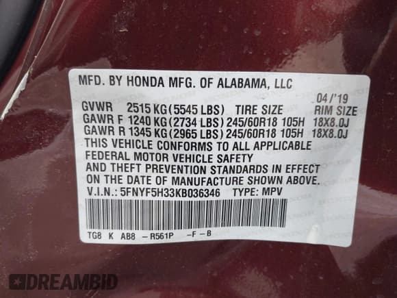 ✅ 2019 Honda Pilot EX • VIN: 5FNYF5H33KB036346 • Lot: 43504285. Listed on IAAI with 83,252 mi. Free auction sales archive from the USA and detailed vehicle history report at DreamBid. Image 9.