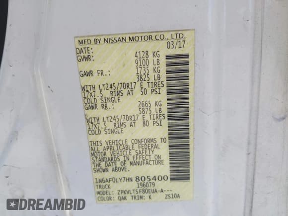 ✅ 2017 Nissan NV S • VIN: 1N6AF0LY7HN805400 • Lot: 42771785. Wystawiony na IAAI z przebiegiem 83 979 mil. Bezpłatny archiwum sprzedaży aukcyjnych z USA i szczegółowy raport historii pojazdu na DreamBid. Zdjęcie 9.