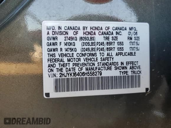 ✅ 2006 Honda Ridgeline RTS • VIN: 2HJYK16406H558279 • Lot: 87422775. Listed on Copart with 175,954 mi. Free auction sales archive from the USA and detailed vehicle history report at DreamBid. Image 12.